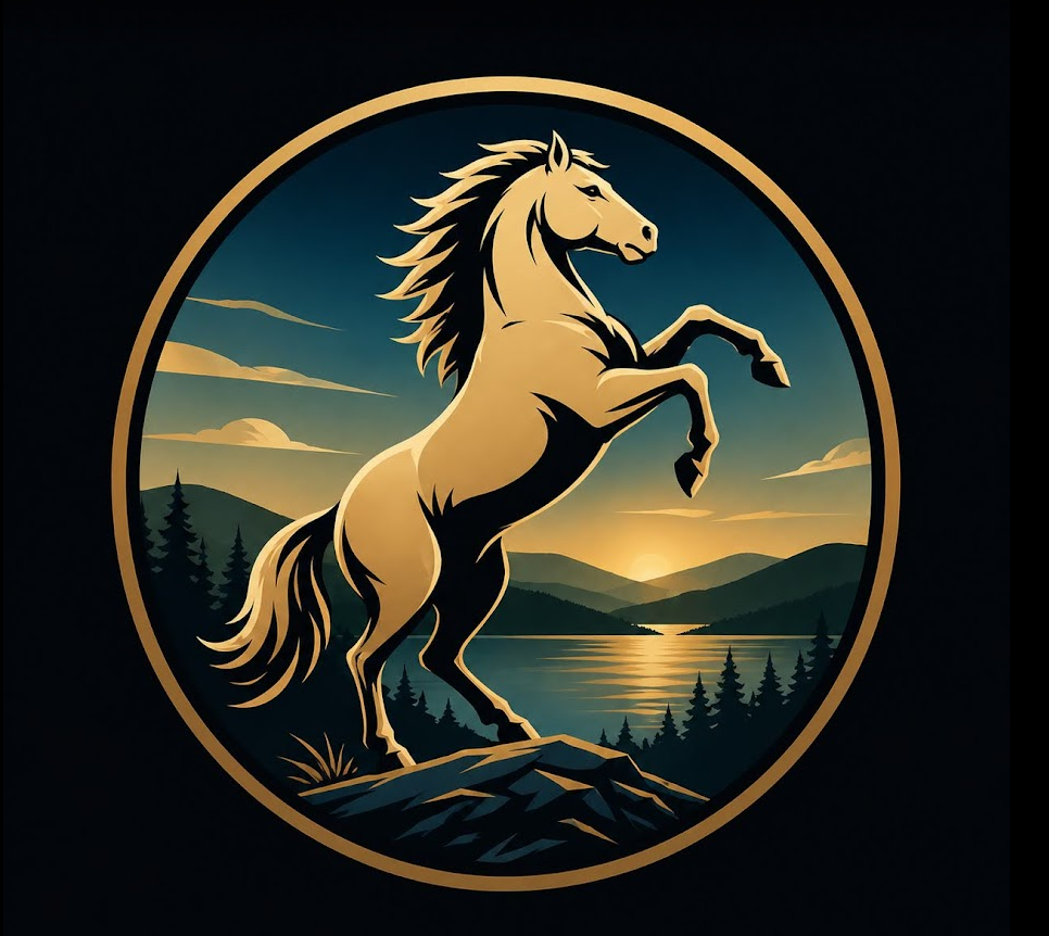 Blue and gold stallion illustration — Red Dirt Technology brand symbol of strength, prairie roots, and Gulf Coast heritage