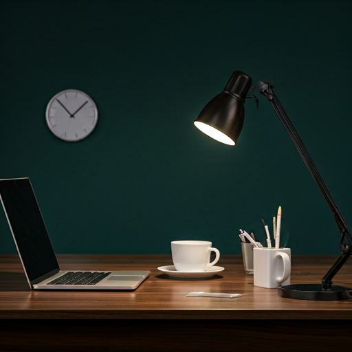 Red Dirt Technology workspace — leather desk with warm lamp light, wall clock, and writing tools in a focused engineering environment